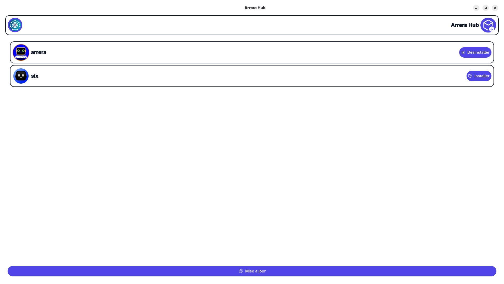 Interface d'accueil Arrera Hub